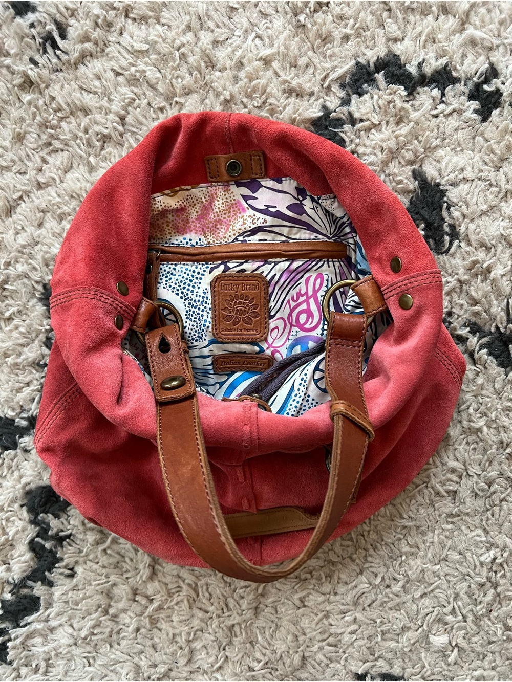 Lucky Brand Italian Suede Bag with Leather Handles - Vintage Red - Picture 3 of 9